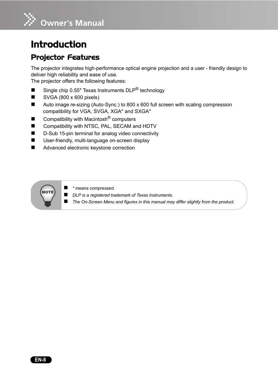 Introduction, Projector features | Sanyo DSU21B User Manual | Page 10 / 38