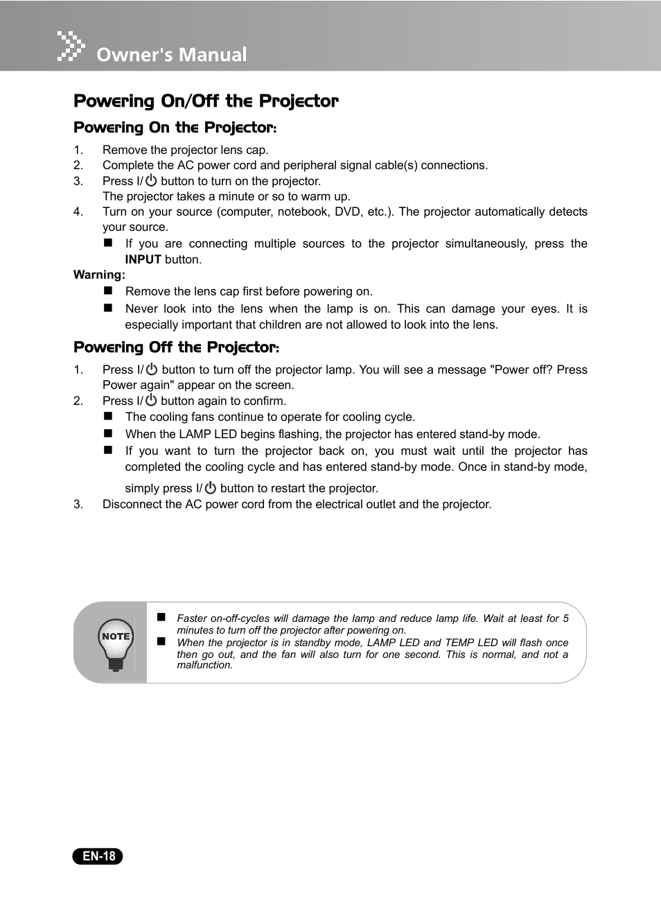 Powering on/off the projector, Powering on the projector, Powering off the projector | Sanyo DSU21B User Manual | Page 20 / 38