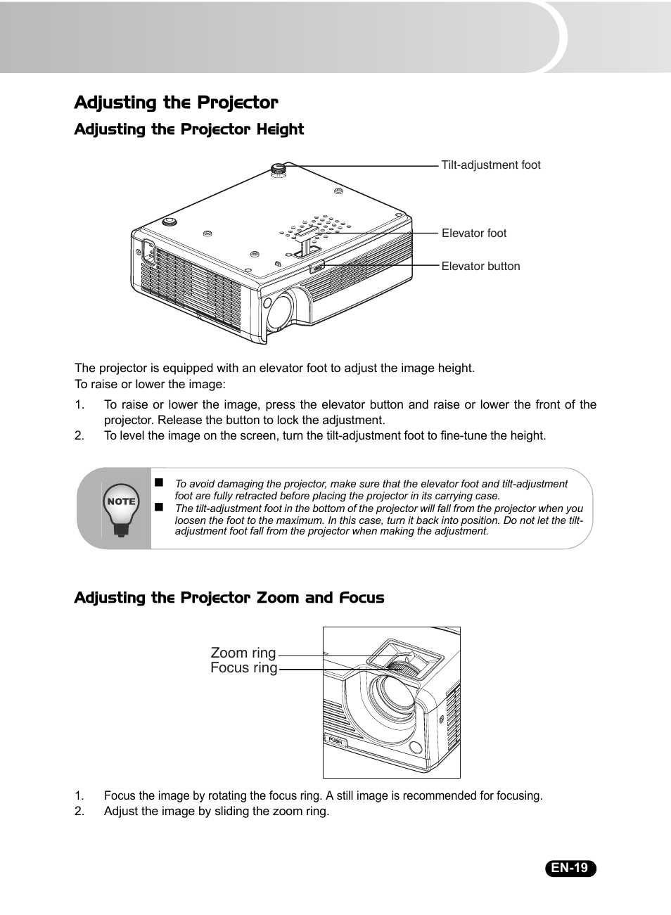 Adjusting the projector, Adjusting the projector height, Adjusting the projector zoom and focus | Sanyo DSU21B User Manual | Page 21 / 38