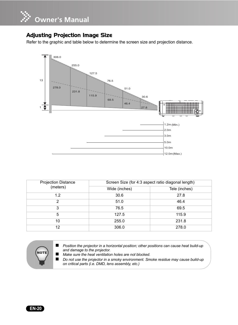 Adjusting projection image size, En-20 | Sanyo DSU21B User Manual | Page 22 / 38