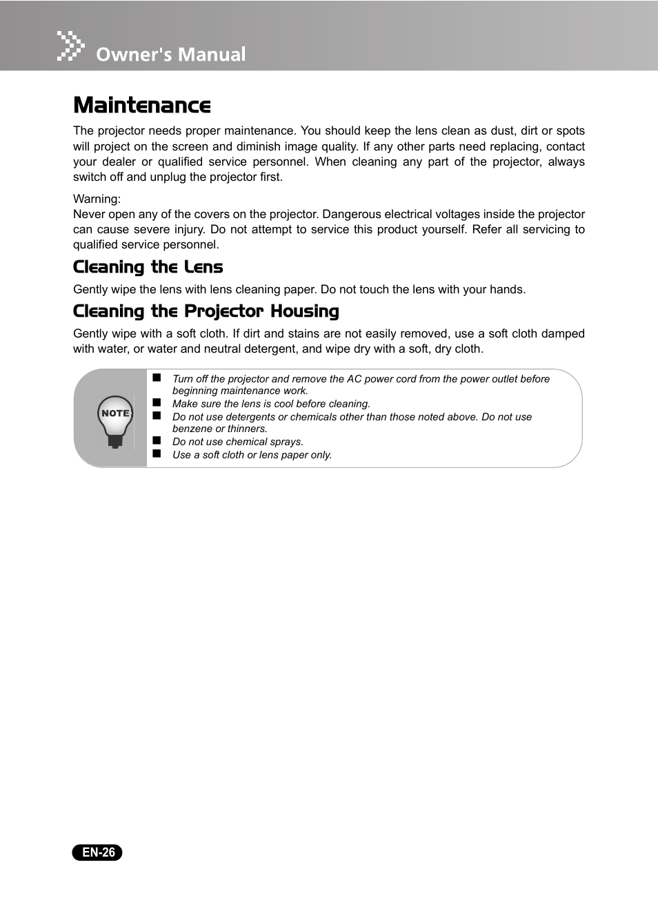 Maintenance, Cleaning the lens, Cleaning the projector housing | Sanyo DSU21B User Manual | Page 28 / 38