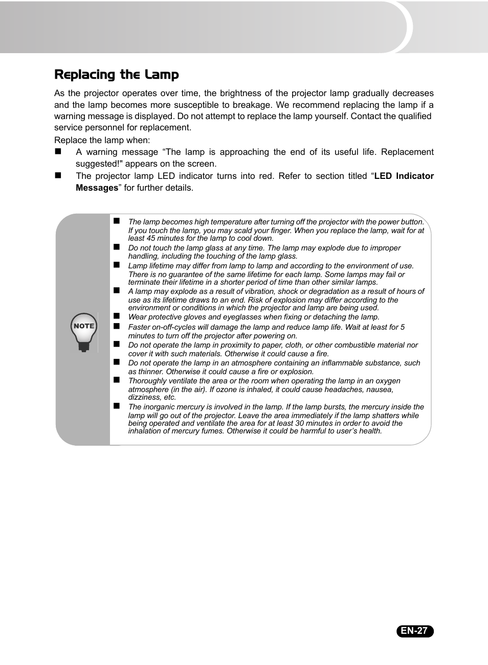 Replacing the lamp | Sanyo DSU21B User Manual | Page 29 / 38