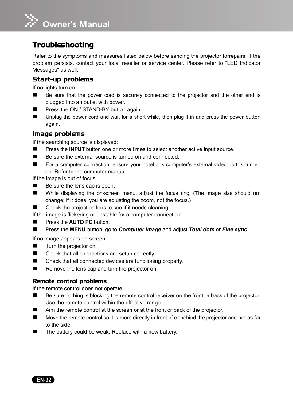 Troubleshooting, Start-up problems, Image problems | Sanyo DSU21B User Manual | Page 34 / 38