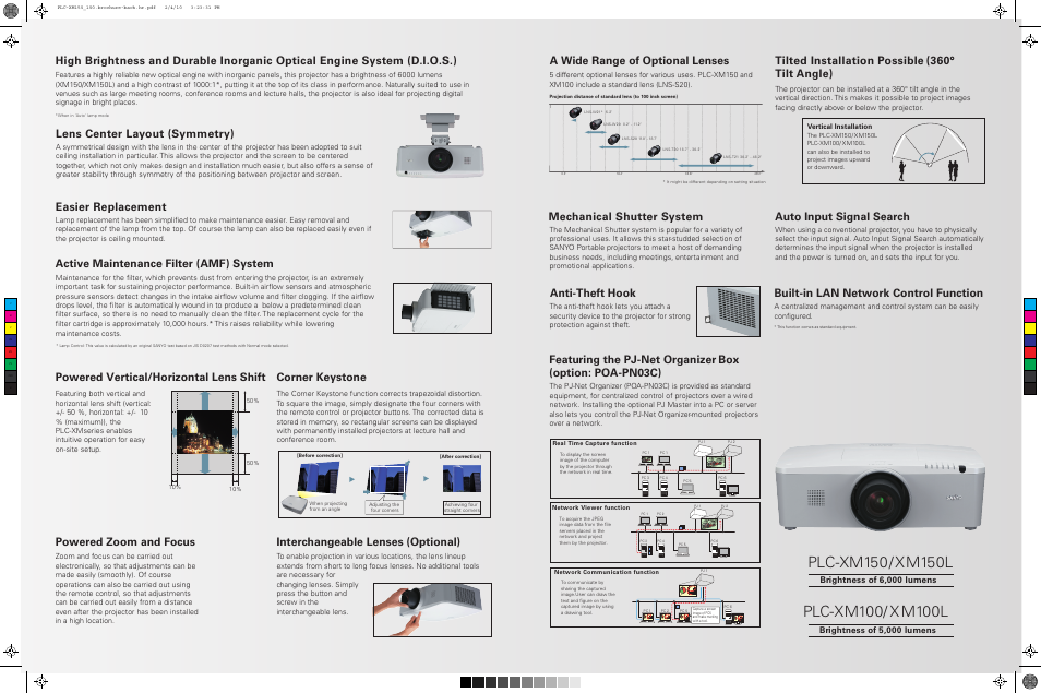 Interchangeable lenses (optional), Corner keystone, Easier replacement | Lens center layout (symmetry), Built-in lan network control function, Brightness of 6,000 lumens, Brightness of 5,000 lumens | Sanyo PLC-XM150 User Manual | Page 2 / 2