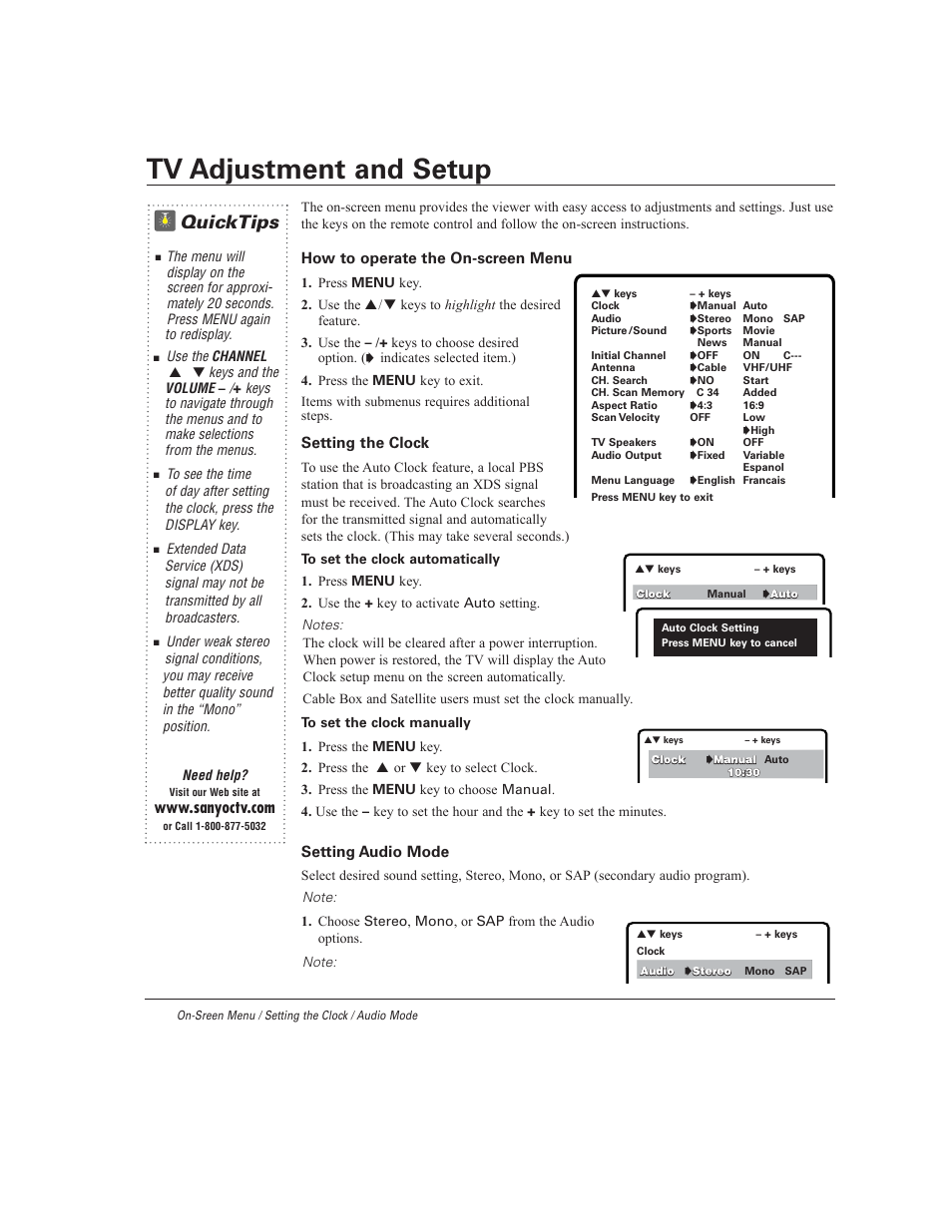 Tv adjustment and setup, Quicktips | Sanyo DS27930 User Manual | Page 12 / 60