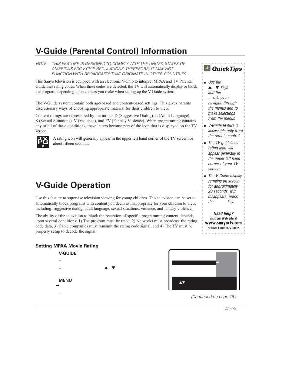 V-guide operation, V-guide (parental control) information, Quicktips | Sanyo DS27930 User Manual | Page 15 / 60