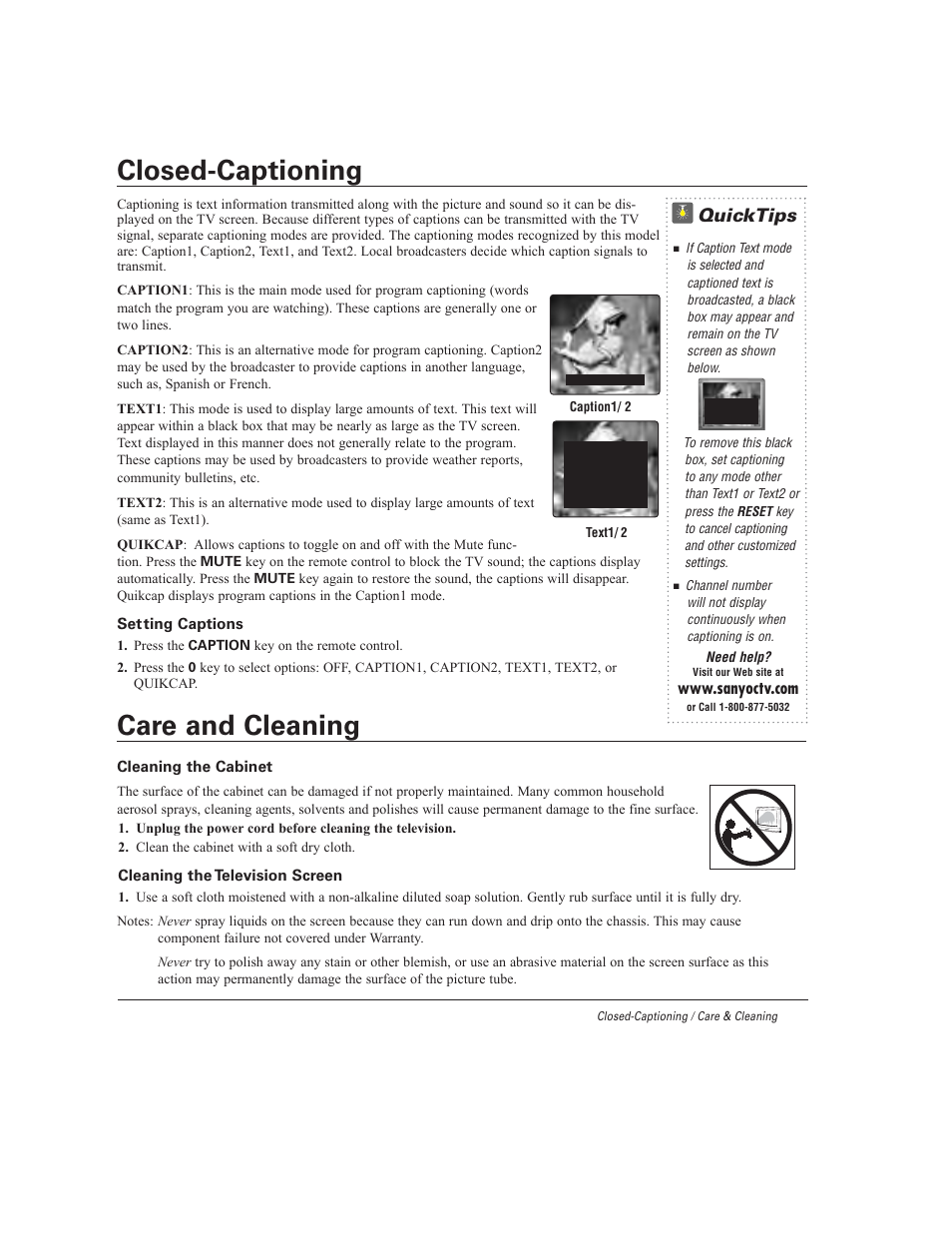 Closed-captioning, Care and cleaning, Quicktips | Sanyo DS27930 User Manual | Page 17 / 60