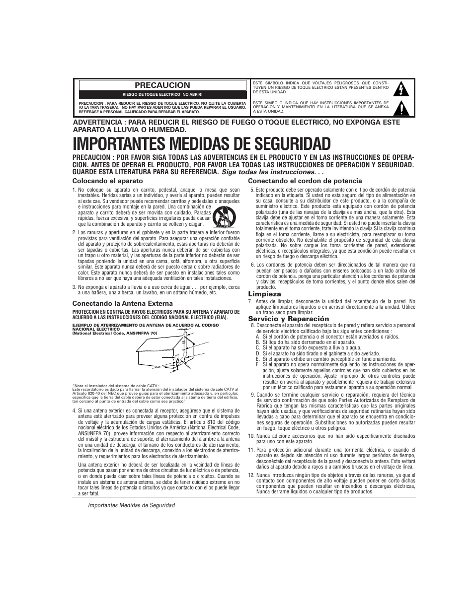 Importantes medidas de seguridad, Precaucion, Conectando la antena externa | Conectando el cordon de potencia, Limpieza, Servicio y reparación | Sanyo DS27930 User Manual | Page 22 / 60