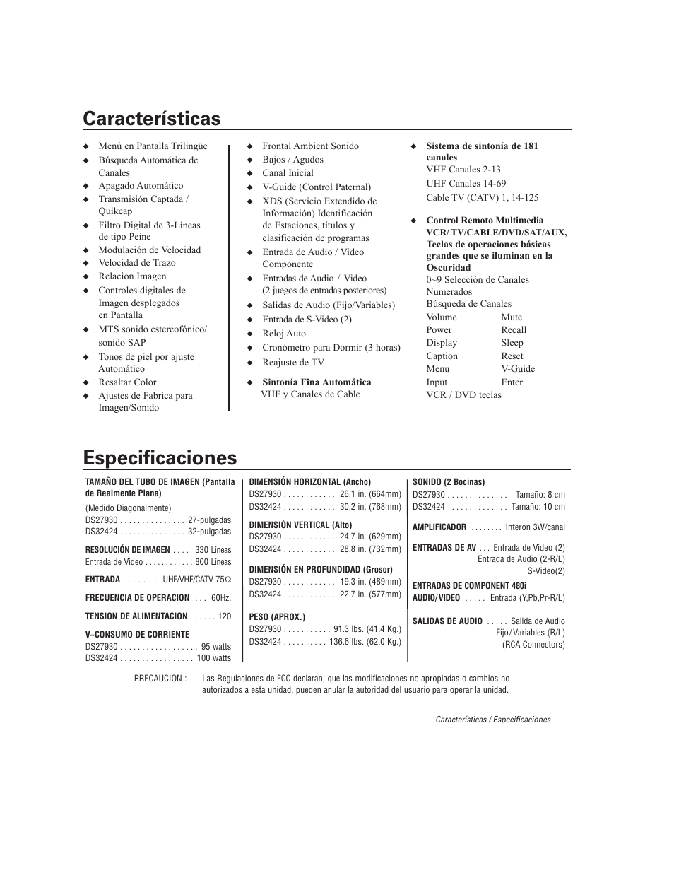 Características, Especificaciones | Sanyo DS27930 User Manual | Page 23 / 60