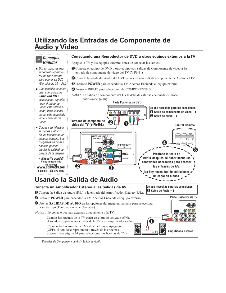 Usando la salida de audio, Consejos rápidos, Necesita ayuda | Conecte la salida de audio (r/l), A la entrada del amplificador estéreo (r/l) | Sanyo DS27930 User Manual | Page 26 / 60