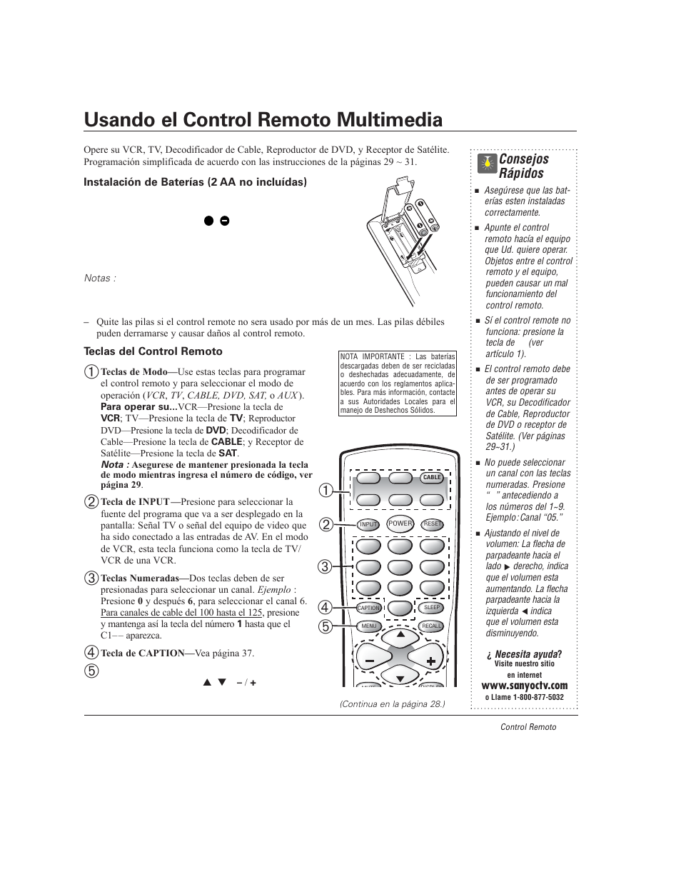 Usando el control remoto multimedia, Consejos rápidos | Sanyo DS27930 User Manual | Page 27 / 60