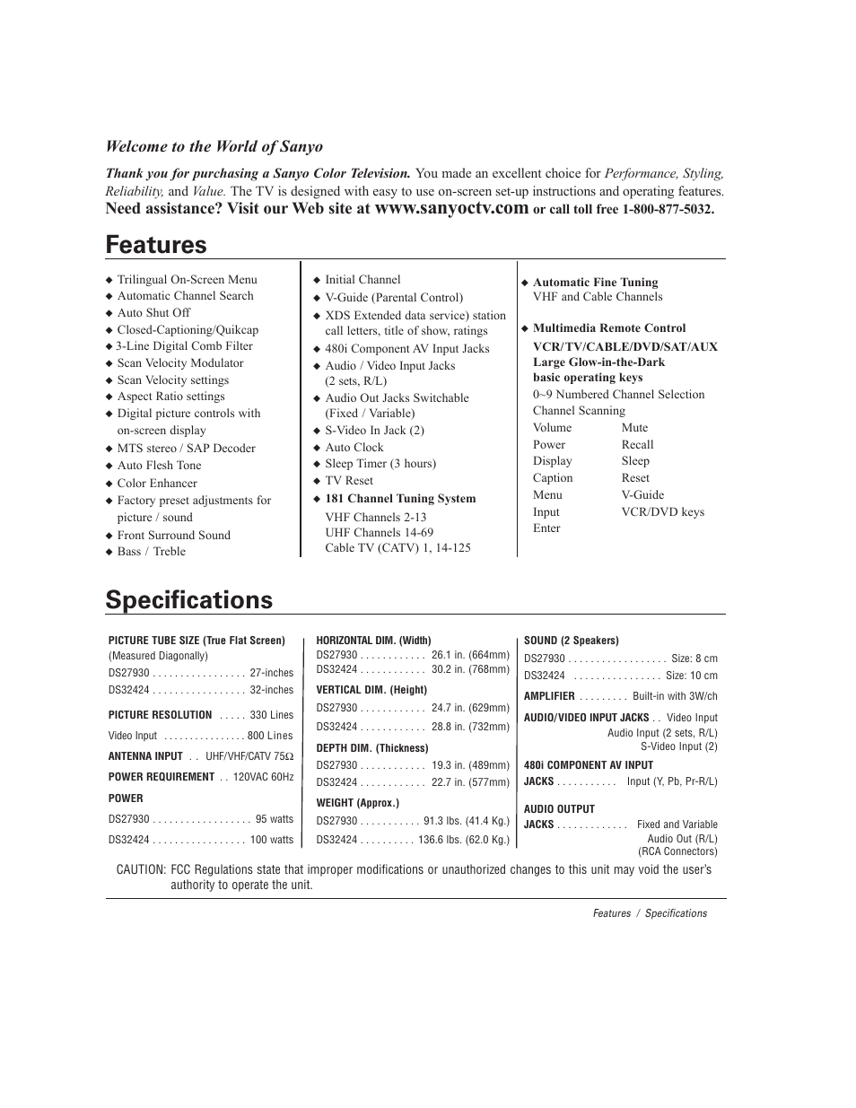 Features specifications, Welcome to the world of sanyo, Need assistance? visit our web site at | Sanyo DS27930 User Manual | Page 3 / 60
