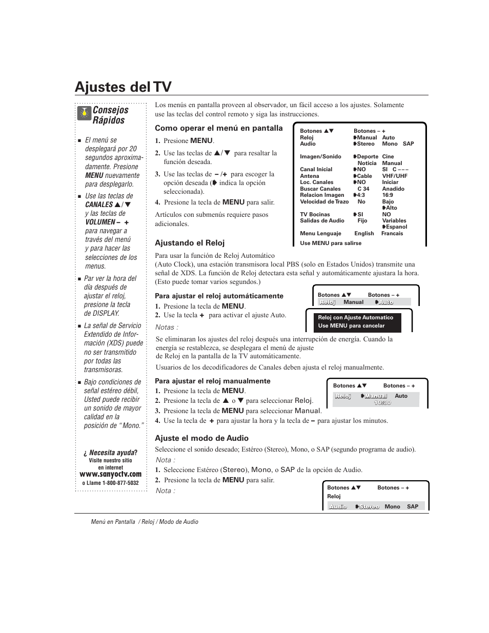 Ajustes del tv, Consejos rápidos | Sanyo DS27930 User Manual | Page 32 / 60