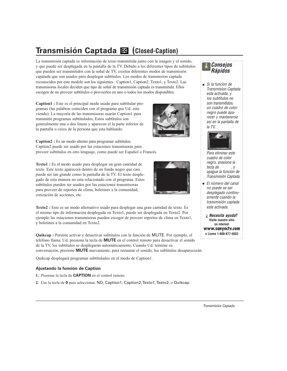 Transmisión captada, Closed-caption), Consejos rápidos | Sanyo DS27930 User Manual | Page 37 / 60