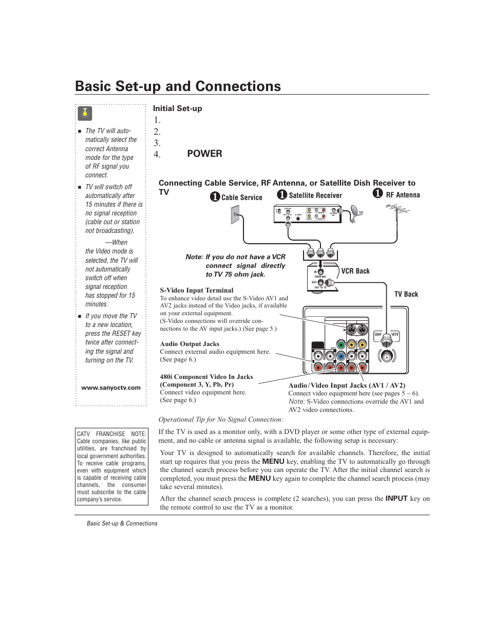 Basic set-up and connections, Quicktips, Initial set-up | S-video input terminal, Vcr back, Need help | Sanyo DS27930 User Manual | Page 4 / 60