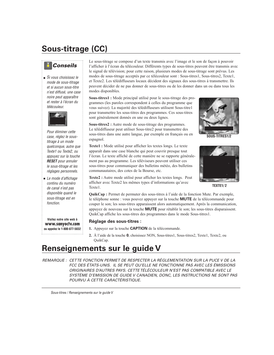 Renseignements sur le guide v, Sous-titrage (cc), Conseils | Sanyo DS27930 User Manual | Page 56 / 60