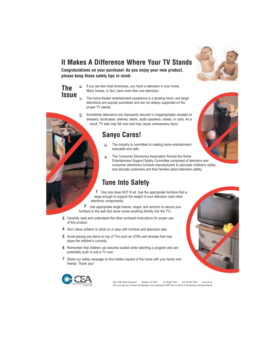Child safety, It makes a difference where your tv stands, Sanyo cares! tune into safety the issue | Sanyo cares, Tune into safety, The issue | Sanyo DS27930 User Manual | Page 60 / 60