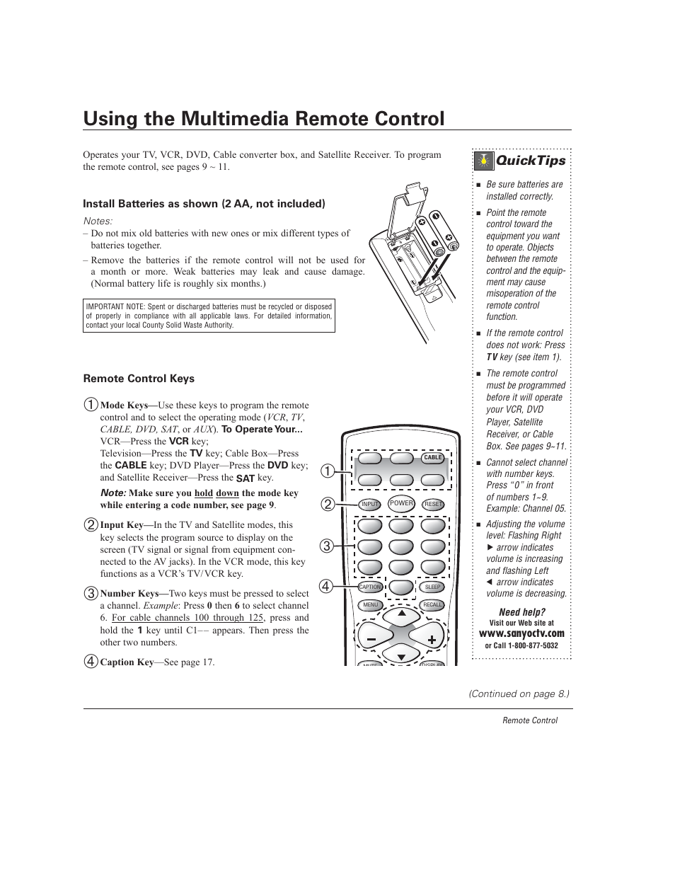 Using the multimedia remote control, Quicktips | Sanyo DS27930 User Manual | Page 7 / 60