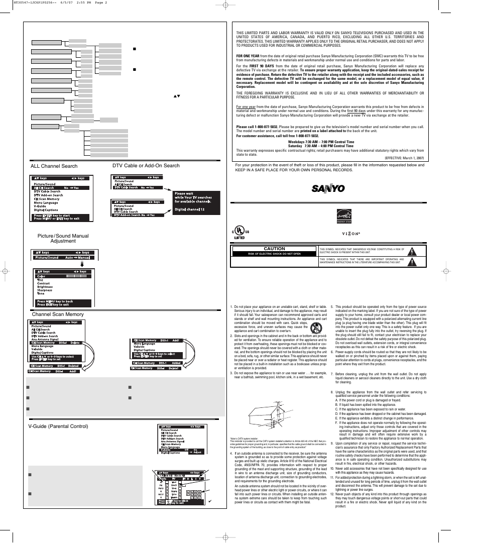 Important safety instructions, On-screen menu operation, One-year limited parts and labor warranty | Sanyo HT30547 User Manual | Page 2 / 2