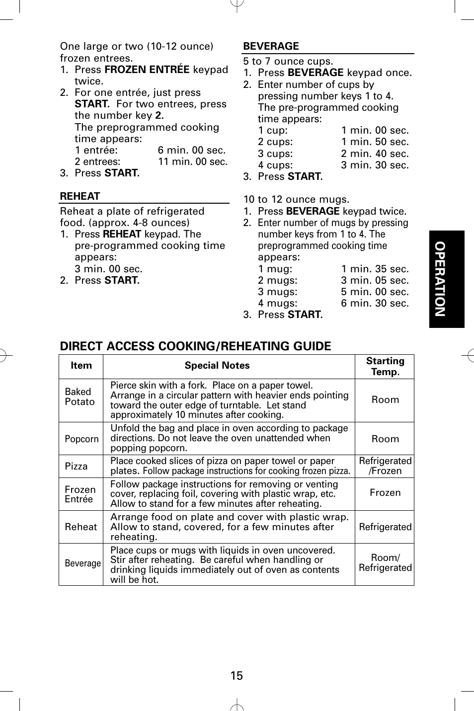 Opera tion, Direct access cooking/reheating guide | Sanyo EM-S5002W User Manual | Page 15 / 40