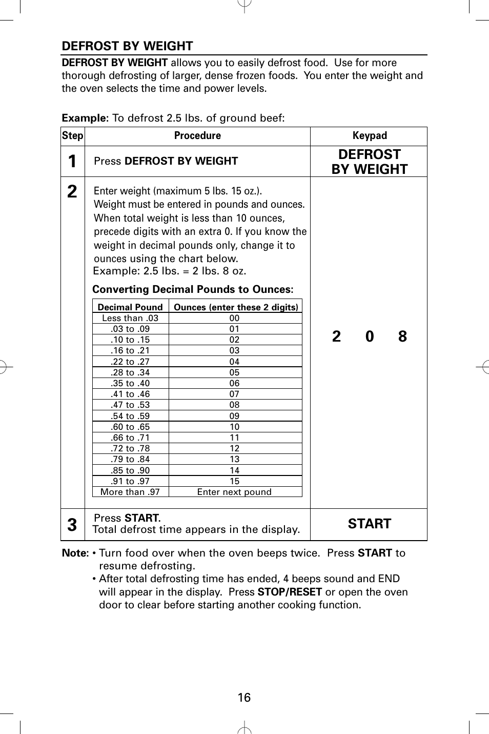 Defrost by weight, Start, 16 defrost by weight | Sanyo EM-S5002W User Manual | Page 16 / 40