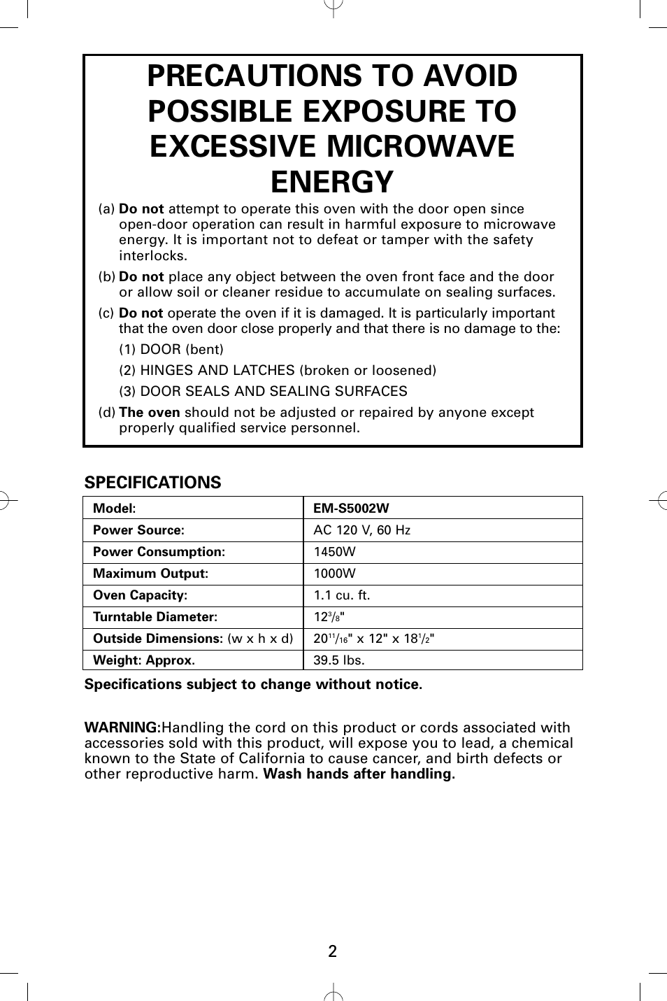 Specifications | Sanyo EM-S5002W User Manual | Page 2 / 40