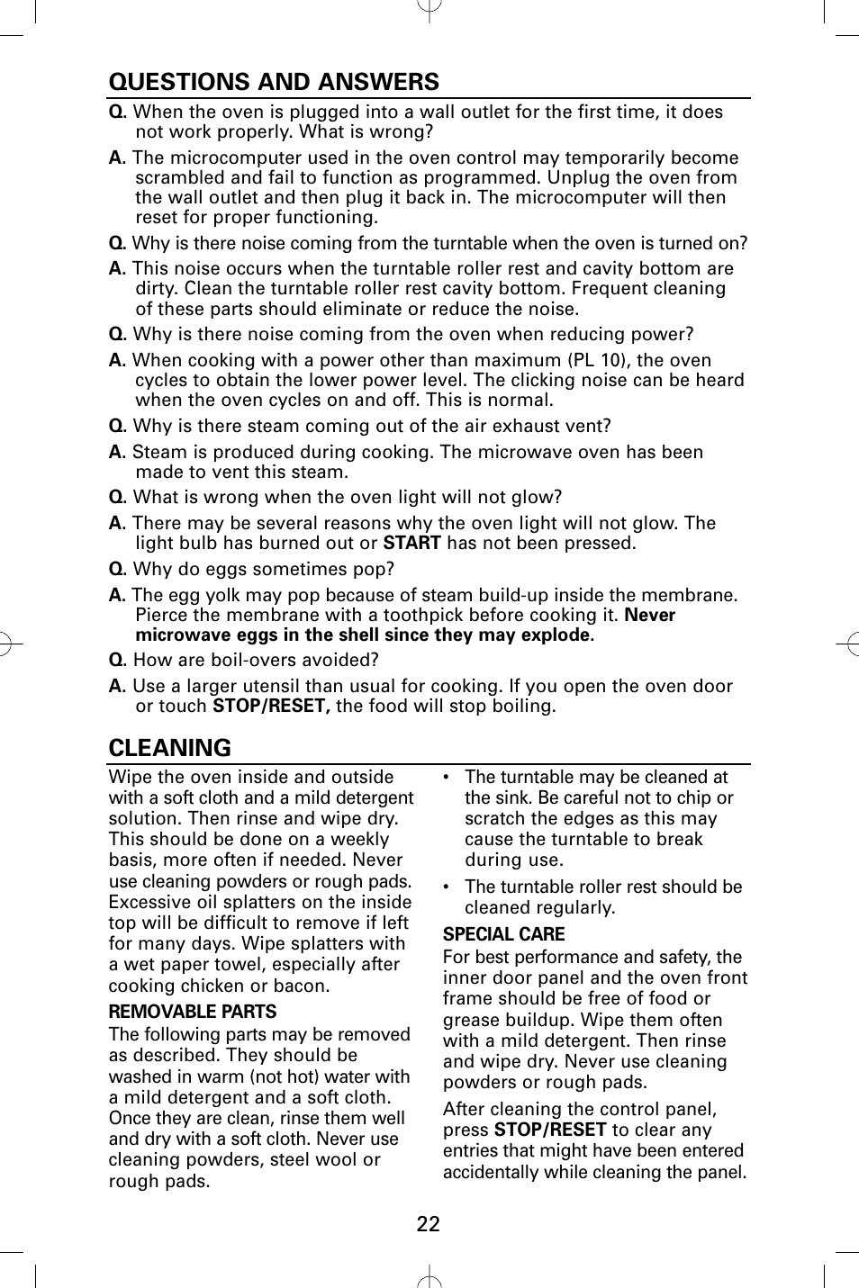 Questions and answers, Cleaning | Sanyo EM-S5002W User Manual | Page 22 / 40