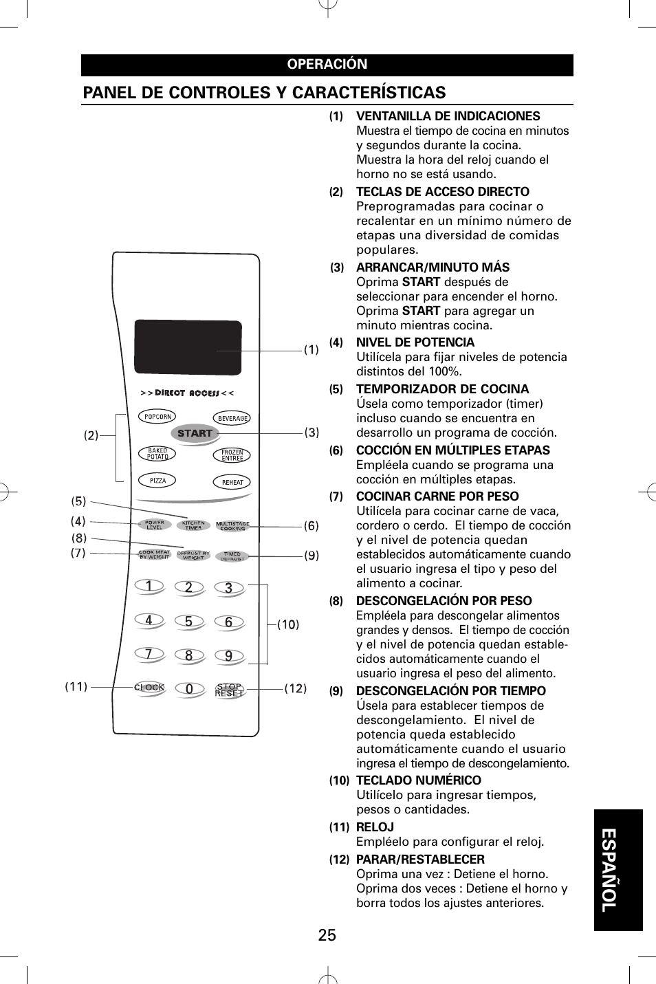 Esp añol, Panel de controles y características | Sanyo EM-S5002W User Manual | Page 25 / 40