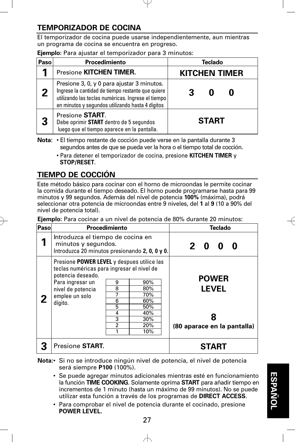 Kitchen timer, Start esp añol, Power level | Start | Sanyo EM-S5002W User Manual | Page 27 / 40