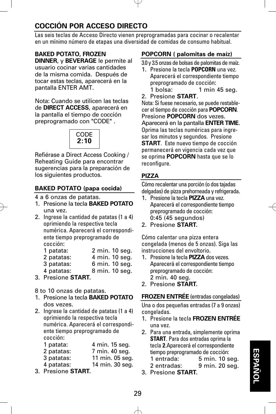 Esp añol, 29 cocción por acceso directo | Sanyo EM-S5002W User Manual | Page 29 / 40