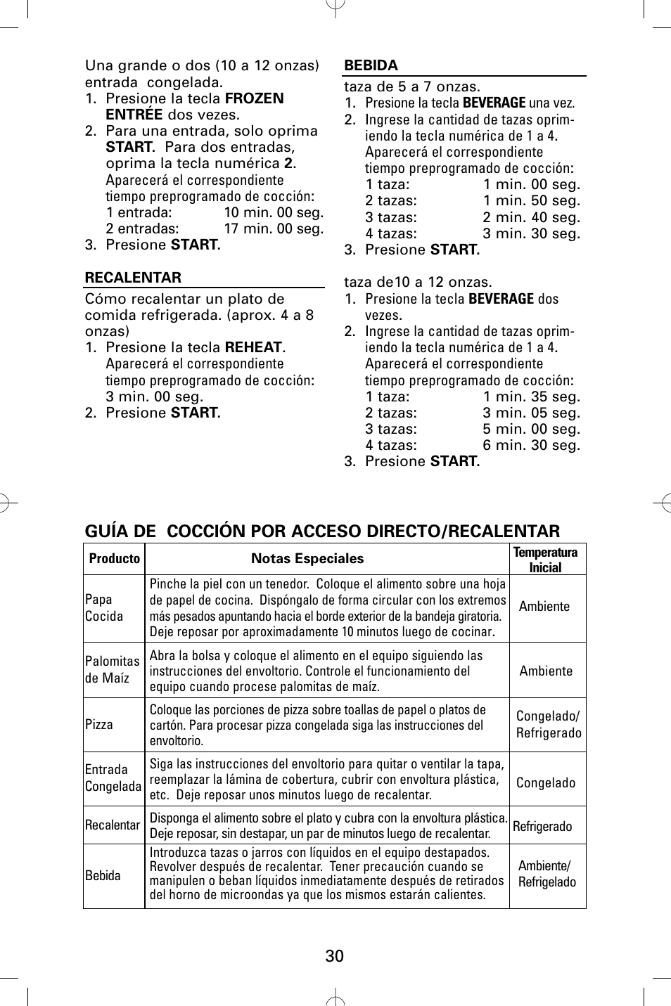 Guía de cocción por acceso directo/recalentar | Sanyo EM-S5002W User Manual | Page 30 / 40