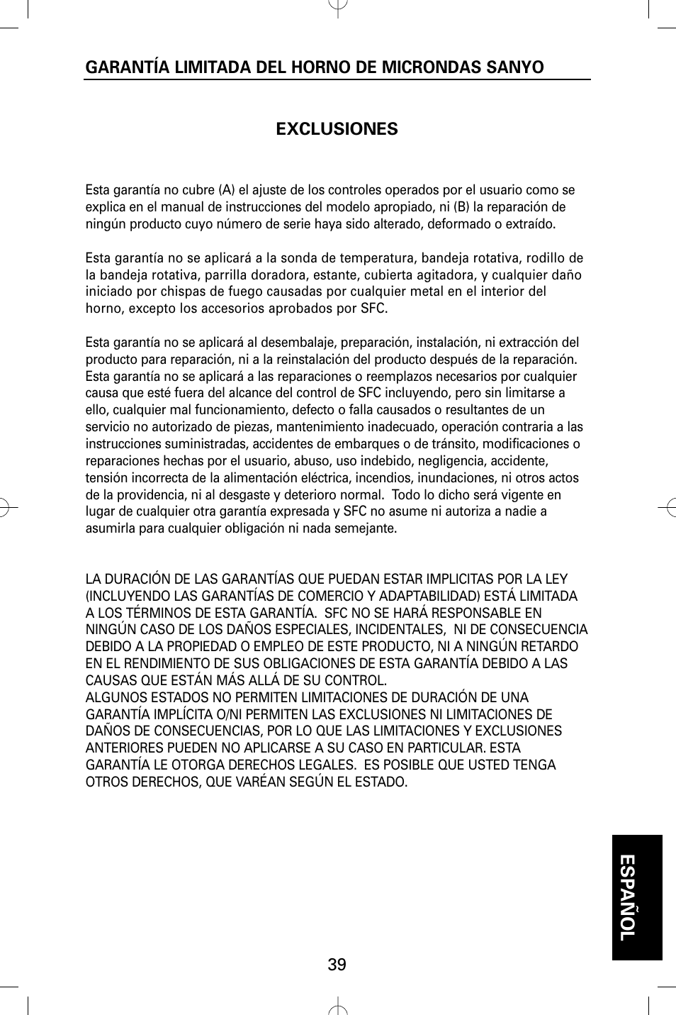 Esp añol | Sanyo EM-S5002W User Manual | Page 39 / 40