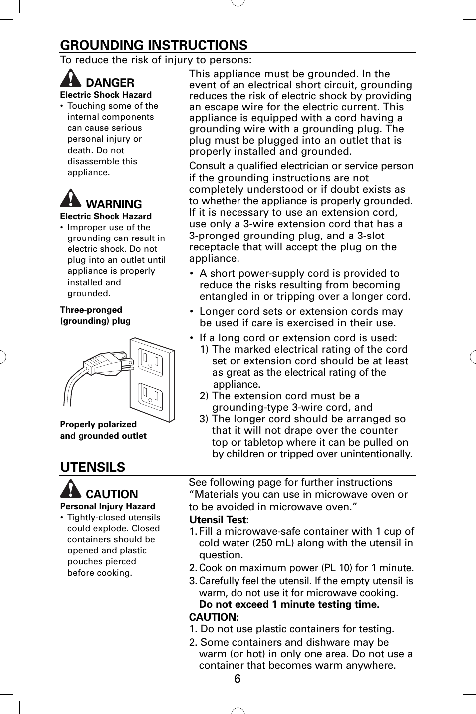 Grounding instructions, Utensils | Sanyo EM-S5002W User Manual | Page 6 / 40