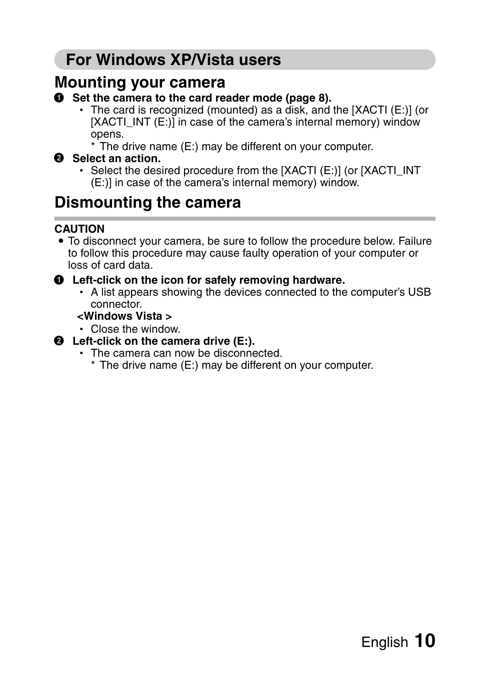 For windows xp/vista users mounting your camera, Dismounting the camera, English | Sanyo 9.1 User Manual | Page 12 / 30