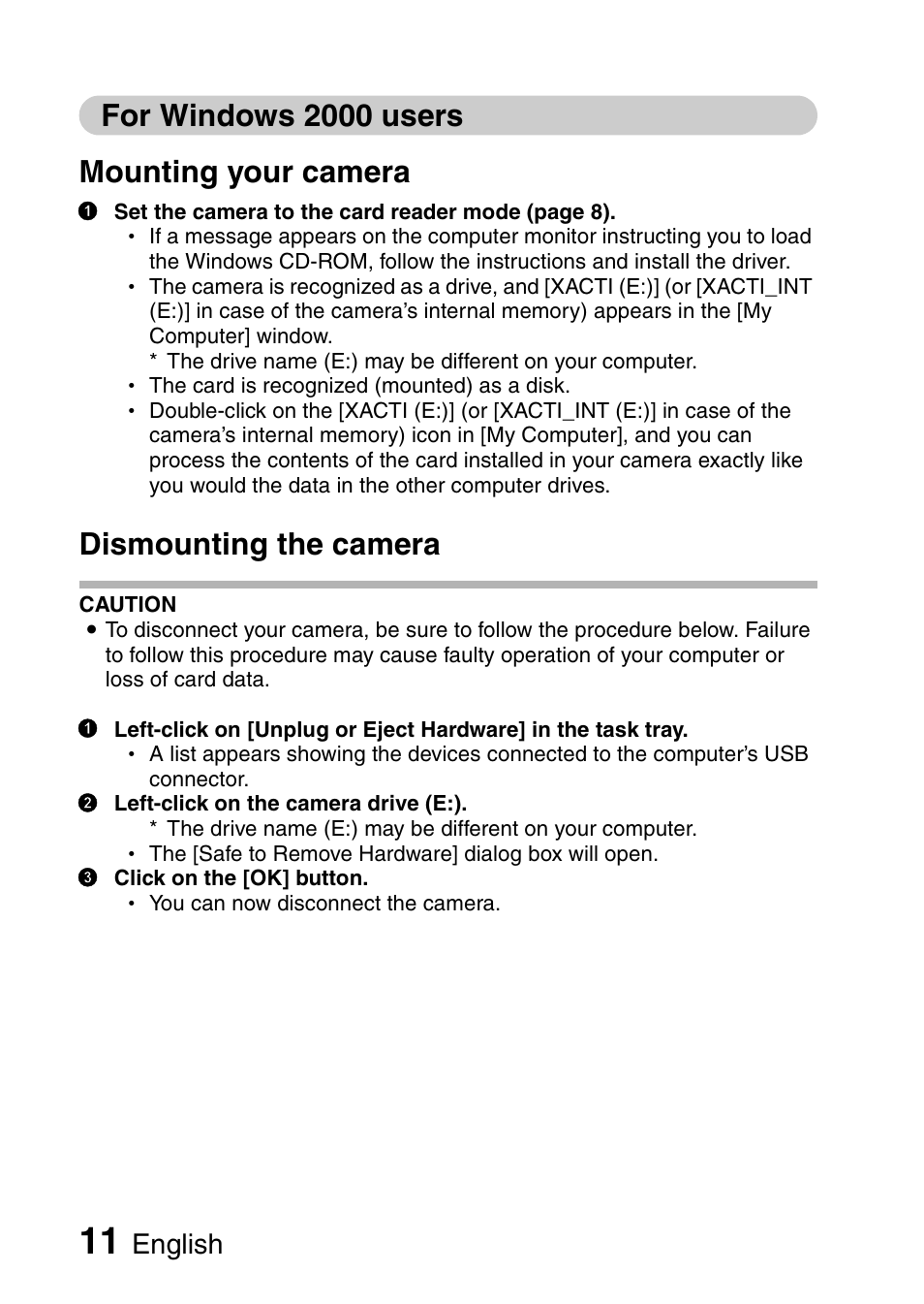 For windows 2000 users mounting your camera, Dismounting the camera, English | Sanyo 9.1 User Manual | Page 13 / 30