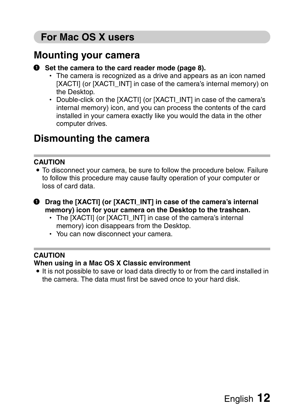 For mac os x users mounting your camera, Dismounting the camera, English | Sanyo 9.1 User Manual | Page 14 / 30