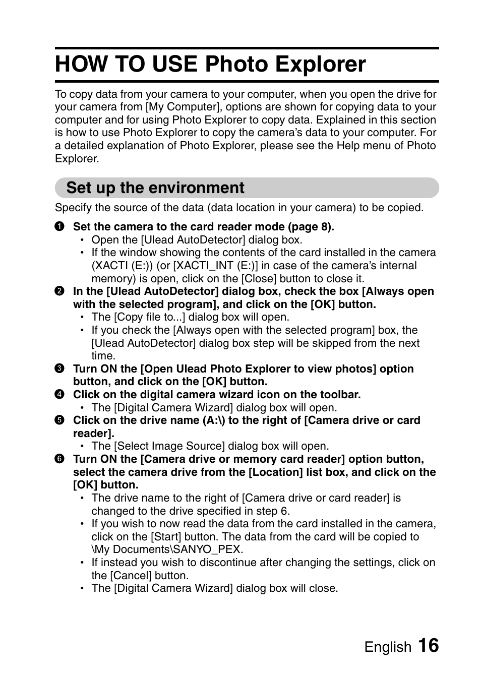 How to use photo explorer, Set up the environment, English | Sanyo 9.1 User Manual | Page 18 / 30