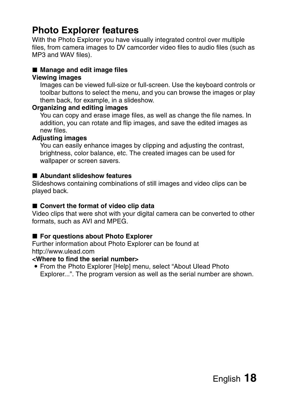 Photo explorer features, English | Sanyo 9.1 User Manual | Page 20 / 30