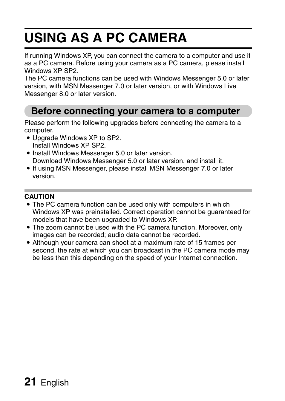 Using as a pc camera, Before connecting your camera to a computer, English | Sanyo 9.1 User Manual | Page 23 / 30
