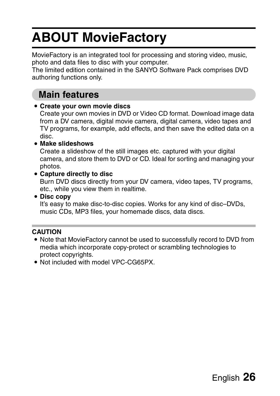 About moviefactory, Main features, English | Sanyo 9.1 User Manual | Page 28 / 30
