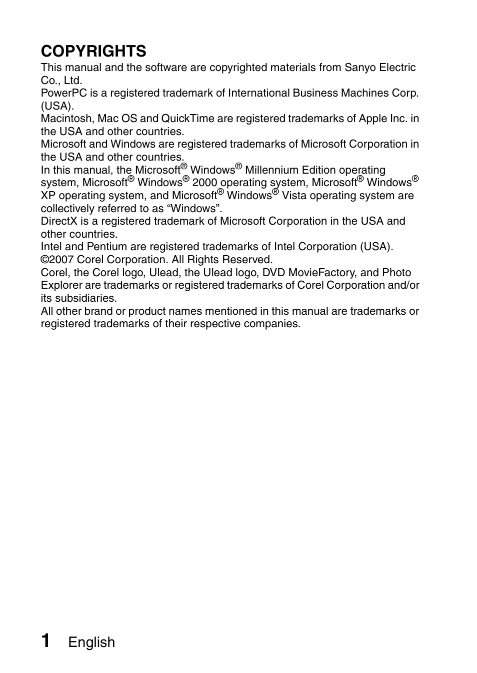 Copyrights, English | Sanyo 9.1 User Manual | Page 3 / 30
