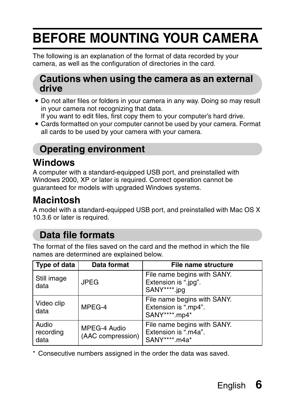 Before mounting your camera, Operating environment windows, Macintosh | Data file formats, English | Sanyo 9.1 User Manual | Page 8 / 30