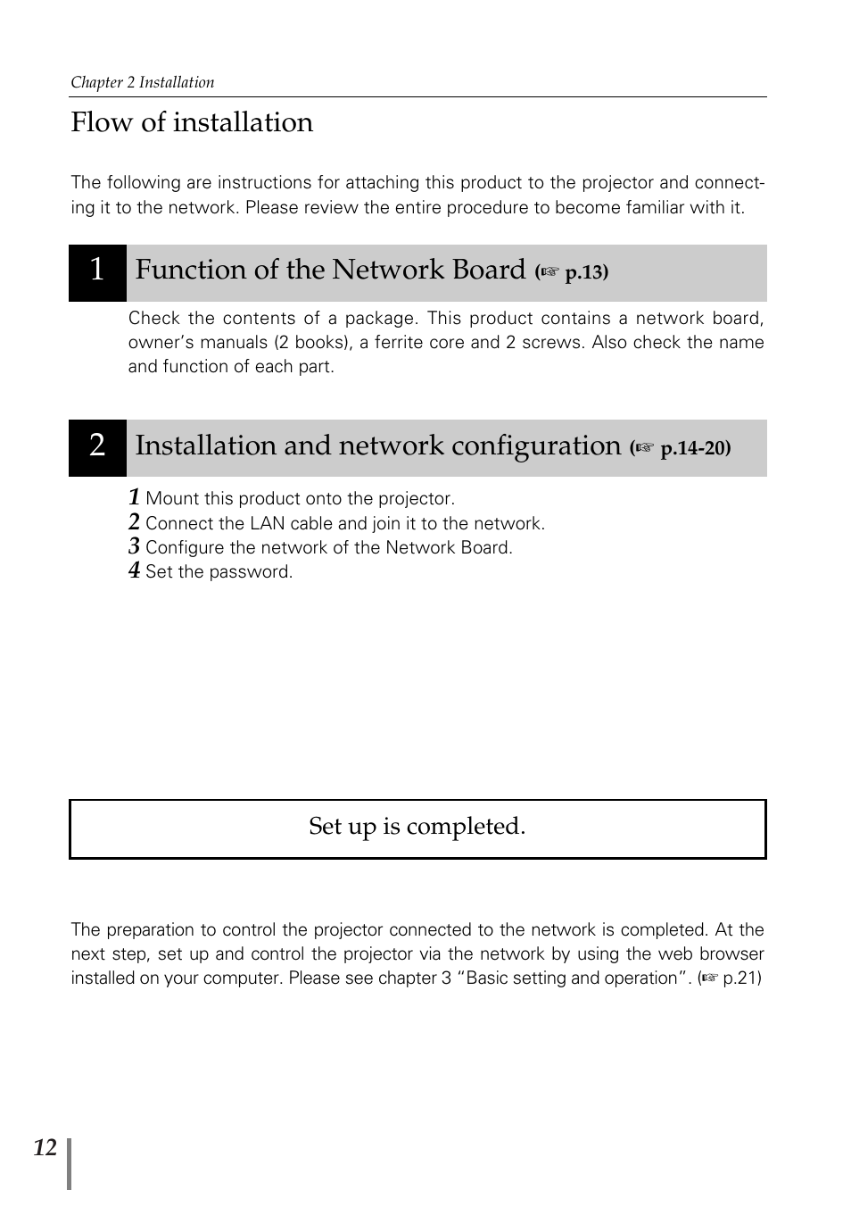 Flow of installation, Function of the network board, Installation and network configuration | Sanyo POA-MD13NET2 User Manual | Page 100 / 176