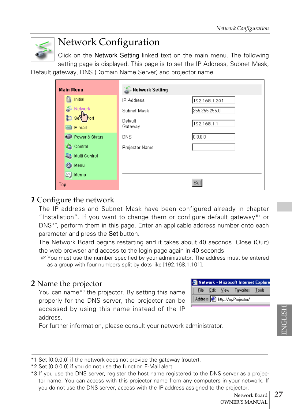 Network configuration, 1 configure the network, 2 name the projector | Configure the network, Name the projector | Sanyo POA-MD13NET2 User Manual | Page 115 / 176