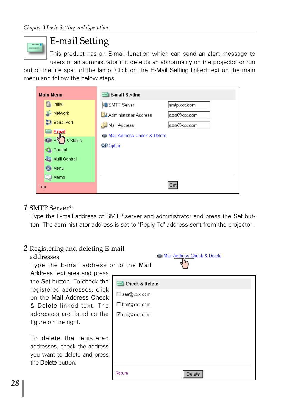 E-mail setting | Sanyo POA-MD13NET2 User Manual | Page 116 / 176