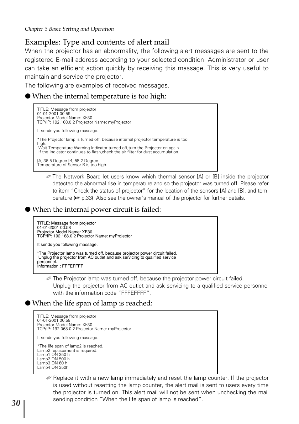 Examples: type and contents, Examples: type and contents of alert mail | Sanyo POA-MD13NET2 User Manual | Page 118 / 176