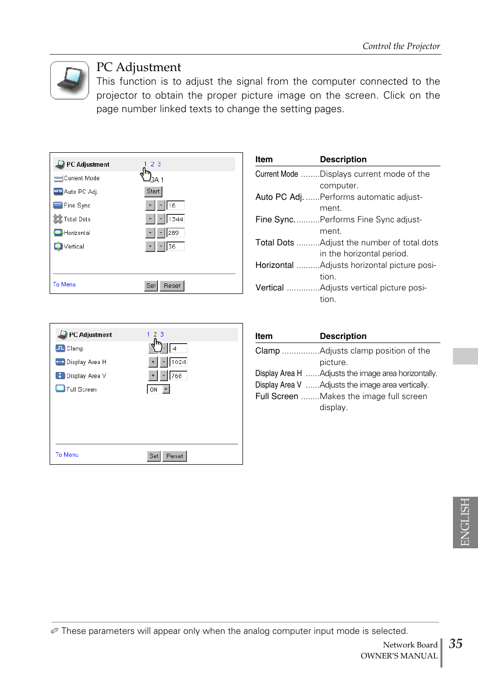 Pc adjustment, English | Sanyo POA-MD13NET2 User Manual | Page 123 / 176