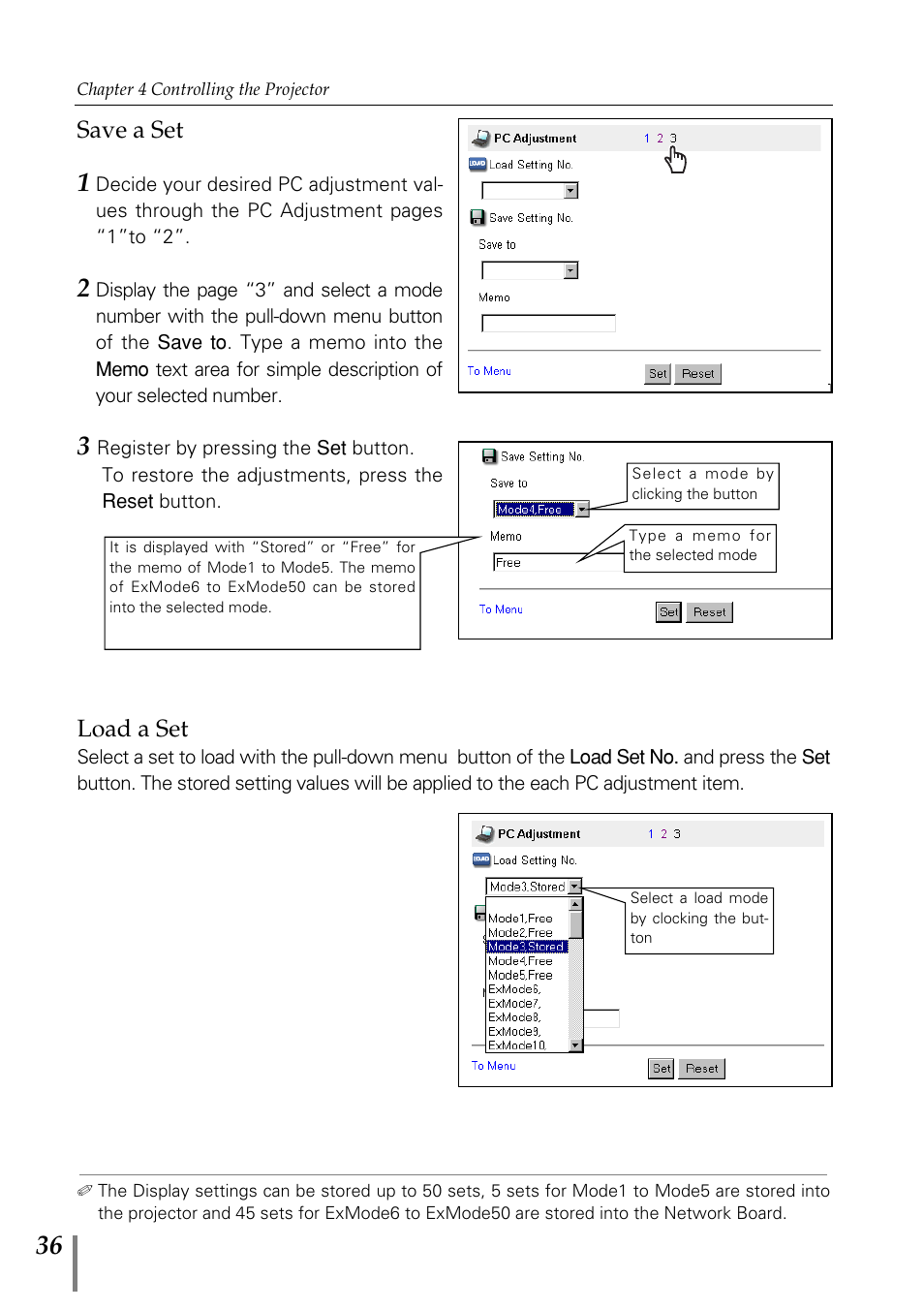 Save a set, Load a set | Sanyo POA-MD13NET2 User Manual | Page 124 / 176