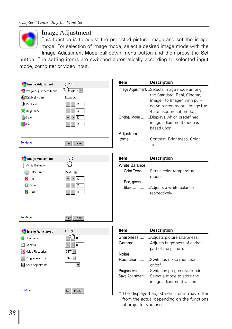 Image adjustment | Sanyo POA-MD13NET2 User Manual | Page 126 / 176