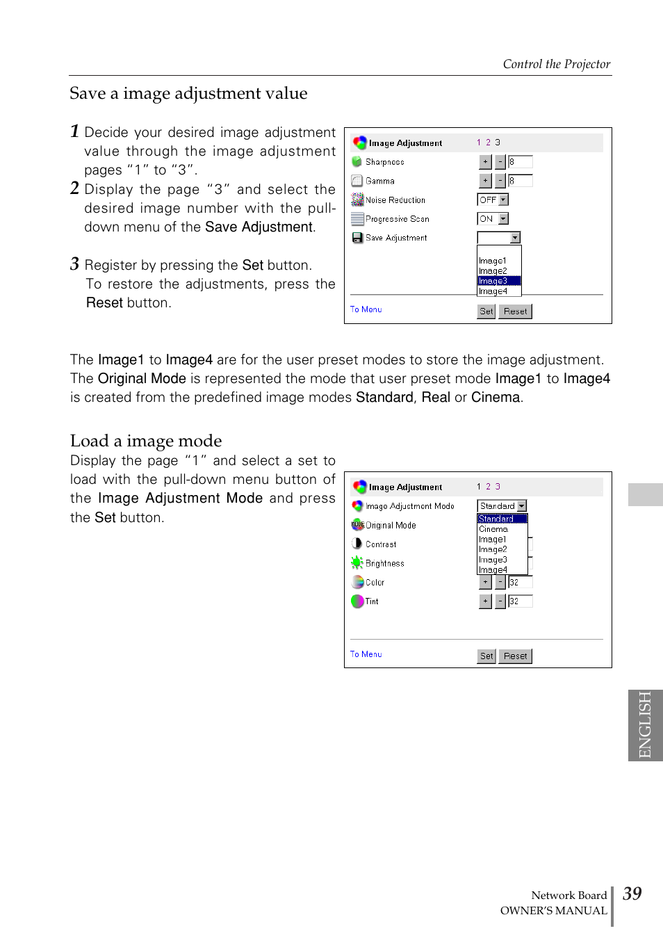 Save a image adjustment value, Load a image mode | Sanyo POA-MD13NET2 User Manual | Page 127 / 176